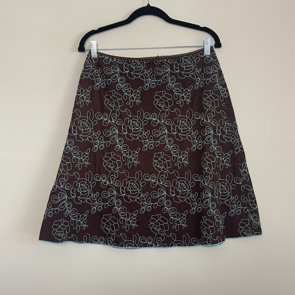 Brown Floral Embroidered Mini Skirt Contrast Stitch A-Line Y2K Vintage Inspired